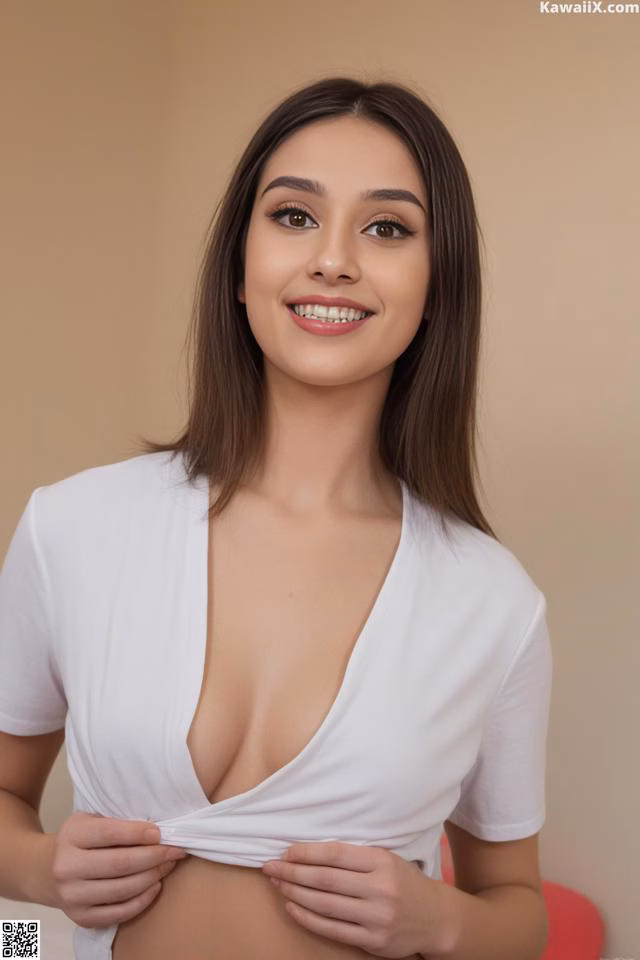 A woman in a white shirt is posing for the camera.