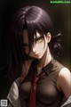 Anime girl with long black hair wearing a brown shirt and red tie.