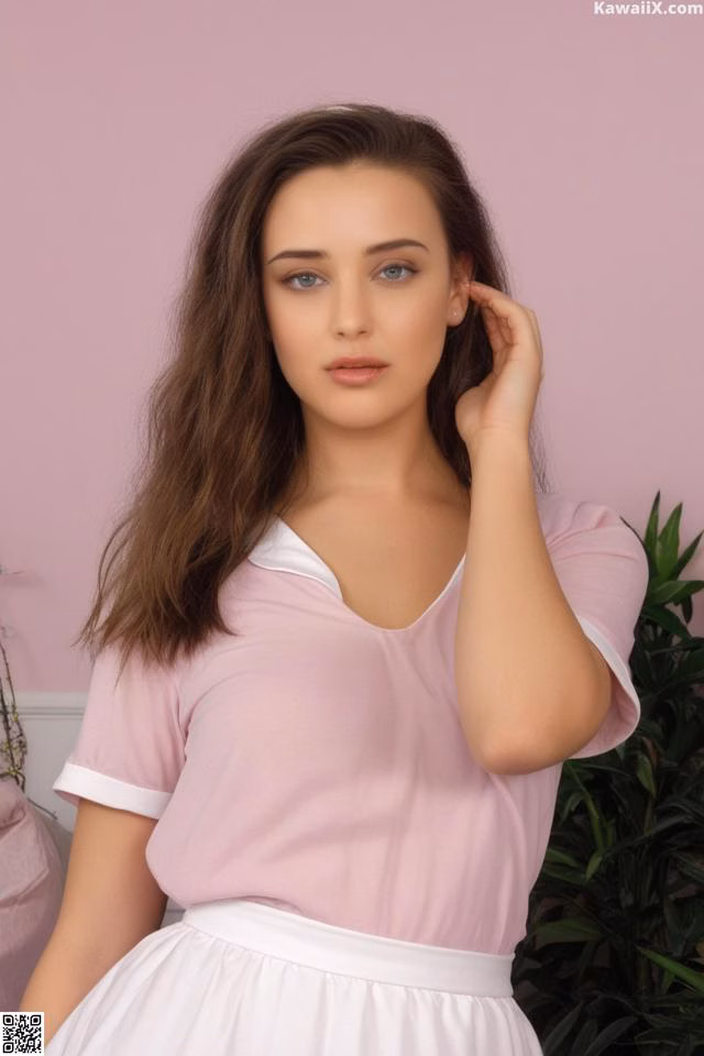 A woman in a pink shirt and white skirt posing for a picture.