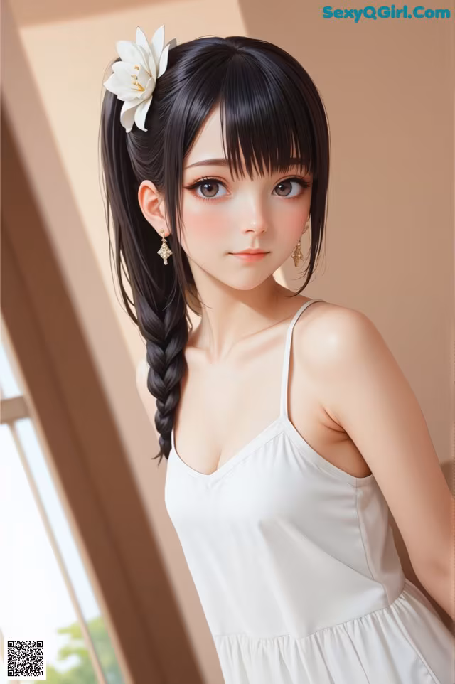 A woman in a white dress with a flower in her hair.