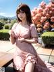 A woman in a pink dress sitting on a bench.