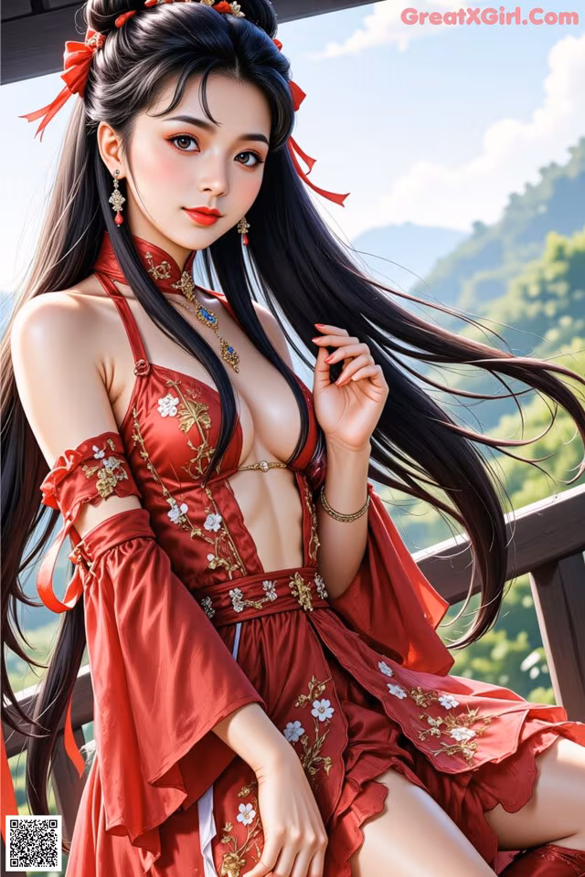 A woman in a red dress sitting on a wooden deck.