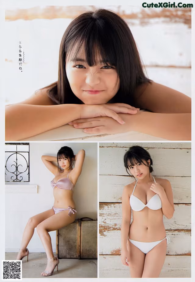 A woman in a white bikini posing for a magazine.
