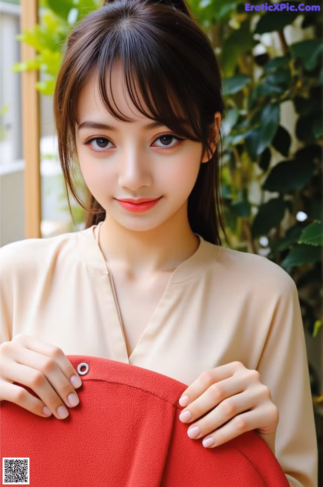 A woman holding a red purse in her hands.