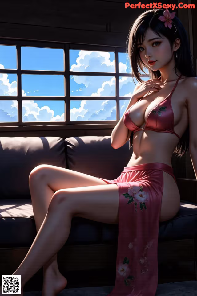 A woman in a pink bikini sitting on a couch.