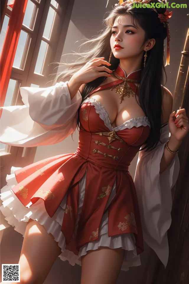 A woman in a red and white dress posing for a picture.