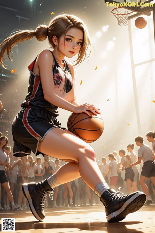 A girl in a basketball uniform holding a basketball on a court.