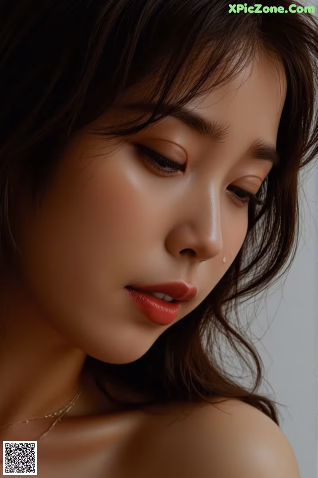 A close up of a woman with long brown hair.