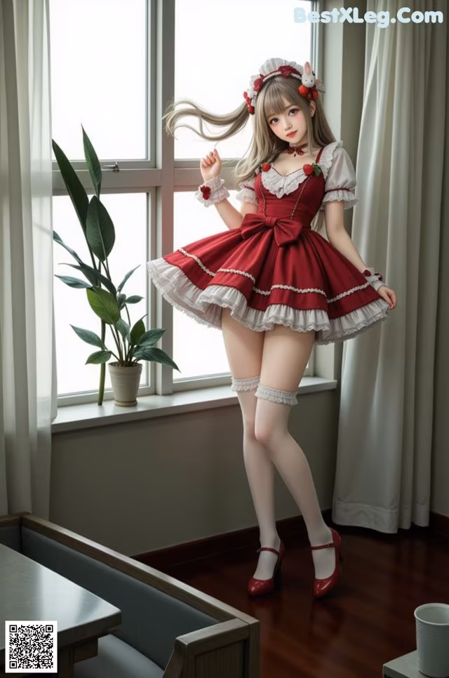 A woman in a red and white dress standing by a window.