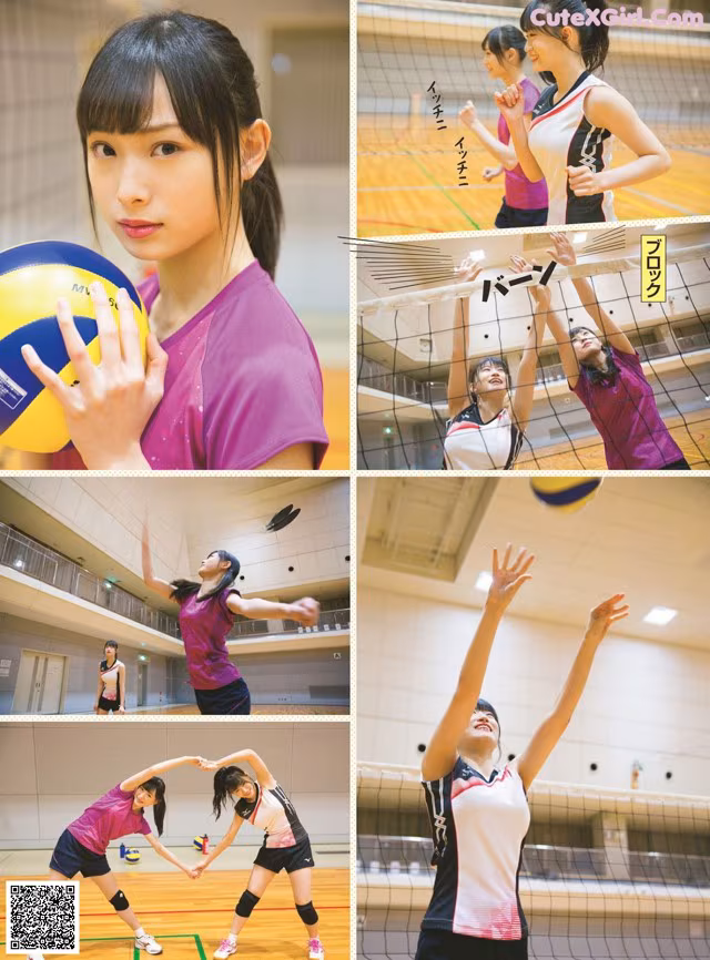 A collage of photos of a young woman playing volleyball.