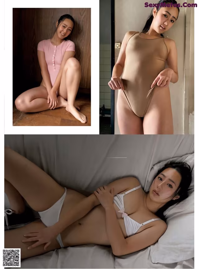 A woman in a white bikini sitting on a bed.