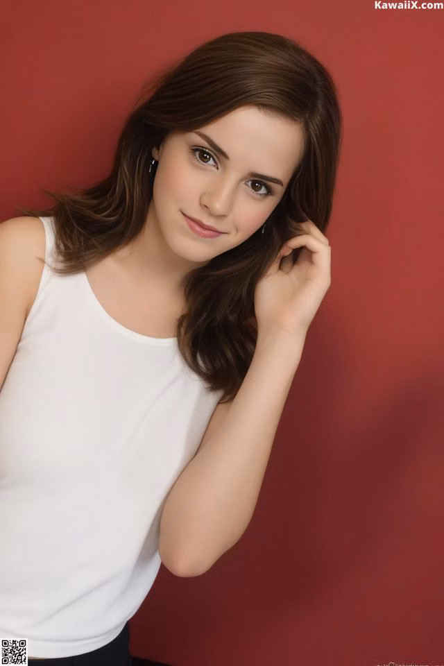 A woman in a white tank top posing for a picture.