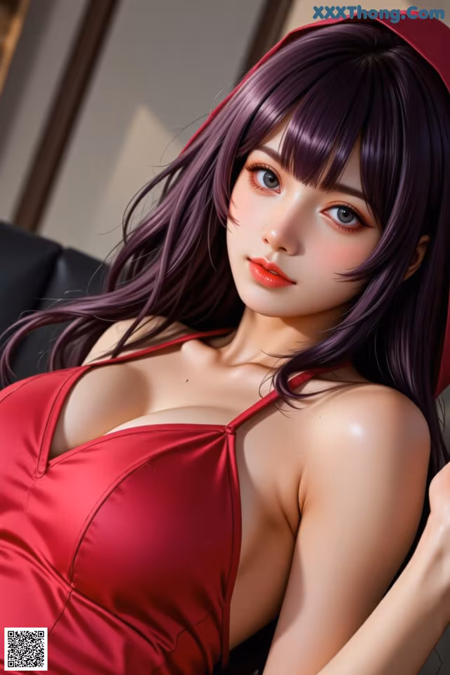 A woman in a red dress sitting on a couch.