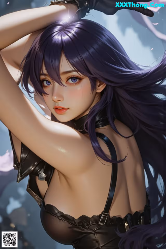 A woman with long purple hair wearing a black dress.